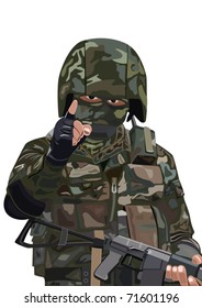An armed fighter of a special unit in protective camouflage suits