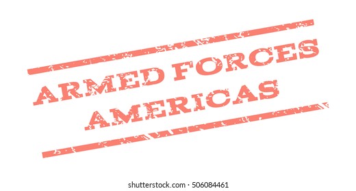 Armed Forces Americas watermark stamp. Text Tag between parallel lines with grunge design style. Rubber seal stamp with dust texture. Vector salmon color ink imprint on a white background.