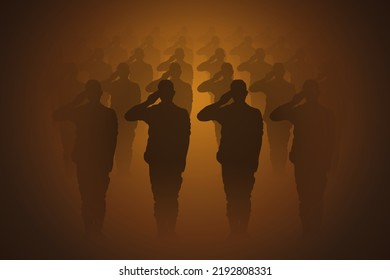 Armed forces. Brave soldiers salutes. Military units in dark brown fog