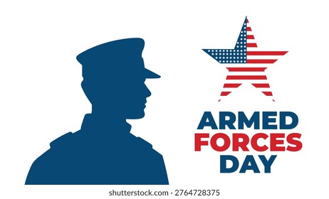 Armed Forces Day banner with soldier silhouette and American flag star symbolizing honor, patriotism and military service, national tribute design for celebration