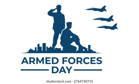 Armed Forces Day illustration with soldier silhouettes and fighter jets symbolizing military strength, honor and service, patriotic tribute banner design for national event