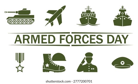armed forces day military icon set featuring tank, missile, warships, soldier and army symbols for patriotic defense celebration and veterans tribute design
