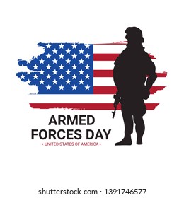 Armed forces day poster design with soldier silhouettes and american flag. USA patriotic illustration