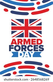 Dia das Forças Armadas no Reino Unido. Bandeira britânica. Dia dos Veteranos e Memorial. Férias para homenagear as forças armadas. Bandeira britânica. Dia do Exército. Cartaz de arte criativa. Ilustração vetorial