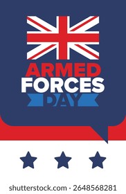 Armed Forces Day in United Kingdom. Great Britain flag. Veterans' and Memorial Day. Holiday to honoring the armed forces. British flag. Army Day. Creative art poster. Vector illustration