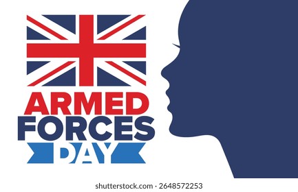 Dia das Forças Armadas no Reino Unido. Bandeira britânica. Dia dos Veteranos e Memorial. Férias para homenagear as forças armadas. Bandeira britânica. Dia do Exército. Cartaz de arte criativa. Ilustração vetorial