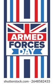 Armed Forces Day in United Kingdom. Great Britain flag. Veterans' and Memorial Day. Holiday to honoring the armed forces. British flag. Army Day. Creative art poster. Vector illustration