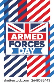 Armed Forces Day in United Kingdom. Great Britain flag. Veterans' and Memorial Day. Holiday to honoring the armed forces. British flag. Army Day. Creative art poster. Vector illustration