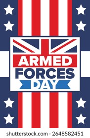 Armed Forces Day in United Kingdom. Great Britain flag. Veterans' and Memorial Day. Holiday to honoring the armed forces. British flag. Army Day. Creative art poster. Vector illustration