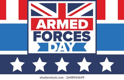 Armed Forces Day in United Kingdom. Great Britain flag. Veterans' and Memorial Day. Holiday to honoring the armed forces. British flag. Army Day. Creative art poster. Vector illustration
