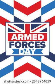 Armed Forces Day in United Kingdom. Great Britain flag. Veterans' and Memorial Day. Holiday to honoring the armed forces. British flag. Army Day. Creative art poster. Vector illustration
