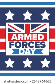 Armed Forces Day in United Kingdom. Great Britain flag. Veterans' and Memorial Day. Holiday to honoring the armed forces. British flag. Army Day. Creative art poster. Vector illustration