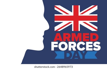 Dia das Forças Armadas no Reino Unido. Bandeira britânica. Dia dos Veteranos e Memorial. Férias para homenagear as forças armadas. Bandeira britânica. Dia do Exército. Cartaz de arte criativa. Ilustração vetorial