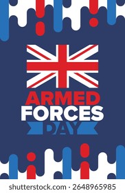 Armed Forces Day in United Kingdom. Great Britain flag. Veterans' and Memorial Day. Holiday to honoring the armed forces. British flag. Army Day. Creative art poster. Vector illustration