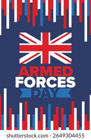 Armed Forces Day in United Kingdom. Great Britain flag. Veterans' and Memorial Day. Holiday to honoring the armed forces. British flag. Army Day. Creative art poster. Vector illustration
