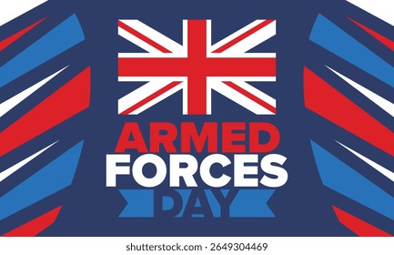 Dia das Forças Armadas no Reino Unido. Bandeira britânica. Dia dos Veteranos e Memorial. Férias para homenagear as forças armadas. Bandeira britânica. Dia do Exército. Cartaz de arte criativa. Ilustração vetorial