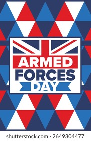 Armed Forces Day in United Kingdom. Great Britain flag. Veterans' and Memorial Day. Holiday to honoring the armed forces. British flag. Army Day. Creative art poster. Vector illustration