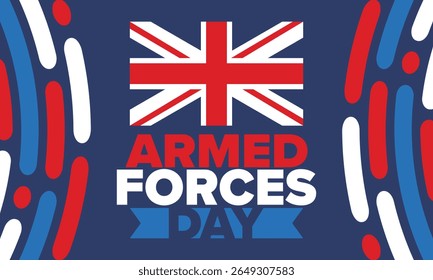 Armed Forces Day in United Kingdom. Great Britain flag. Veterans' and Memorial Day. Holiday to honoring the armed forces. British flag. Army Day. Creative art poster. Vector illustration