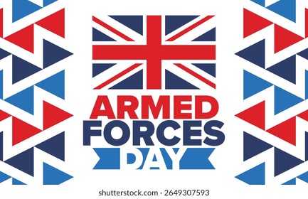 Armed Forces Day in United Kingdom. Great Britain flag. Veterans' and Memorial Day. Holiday to honoring the armed forces. British flag. Army Day. Creative art poster. Vector illustration