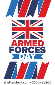 Armed Forces Day in United Kingdom. Great Britain flag. Veterans' and Memorial Day. Holiday to honoring the armed forces. British flag. Army Day. Creative art poster. Vector illustration