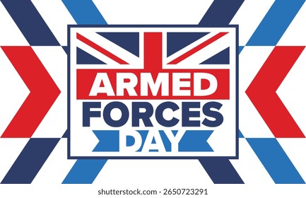 Armed Forces Day in United Kingdom. Great Britain flag. Veterans' and Memorial Day. Holiday to honoring the armed forces. British flag. Army Day. Creative art poster. Vector illustration