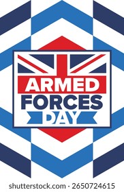 Armed Forces Day in United Kingdom. Great Britain flag. Veterans' and Memorial Day. Holiday to honoring the armed forces. British flag. Army Day. Creative art poster. Vector illustration