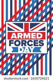 Armed Forces Day in United Kingdom. Great Britain flag. Veterans' and Memorial Day. Holiday to honoring the armed forces. British flag. Army Day. Creative art poster. Vector illustration