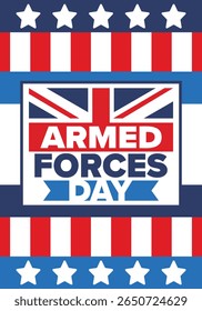 Armed Forces Day in United Kingdom. Great Britain flag. Veterans' and Memorial Day. Holiday to honoring the armed forces. British flag. Army Day. Creative art poster. Vector illustration