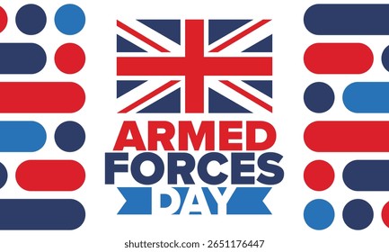 Dia das Forças Armadas no Reino Unido. Bandeira britânica. Dia dos Veteranos e Memorial. Férias para homenagear as forças armadas. Bandeira britânica. Dia do Exército. Cartaz de arte criativa. Ilustração vetorial
