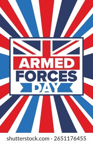 Armed Forces Day in United Kingdom. Great Britain flag. Veterans' and Memorial Day. Holiday to honoring the armed forces. British flag. Army Day. Creative art poster. Vector illustration
