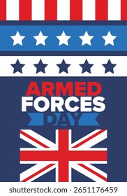 Armed Forces Day in United Kingdom. Great Britain flag. Veterans' and Memorial Day. Holiday to honoring the armed forces. British flag. Army Day. Creative art poster. Vector illustration