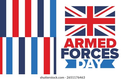 Dia das Forças Armadas no Reino Unido. Bandeira britânica. Dia dos Veteranos e Memorial. Férias para homenagear as forças armadas. Bandeira britânica. Dia do Exército. Cartaz de arte criativa. Ilustração vetorial