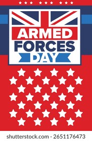 Dia das Forças Armadas no Reino Unido. Bandeira britânica. Dia dos Veteranos e Memorial. Férias para homenagear as forças armadas. Bandeira britânica. Dia do Exército. Cartaz de arte criativa. Ilustração vetorial