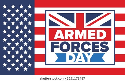 Armed Forces Day in United Kingdom. Great Britain flag. Veterans' and Memorial Day. Holiday to honoring the armed forces. British flag. Army Day. Creative art poster. Vector illustration
