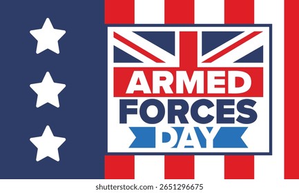 Dia das Forças Armadas no Reino Unido. Bandeira britânica. Dia dos Veteranos e Memorial. Férias para homenagear as forças armadas. Bandeira britânica. Dia do Exército. Cartaz de arte criativa. Ilustração vetorial