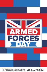 Armed Forces Day in United Kingdom. Great Britain flag. Veterans' and Memorial Day. Holiday to honoring the armed forces. British flag. Army Day. Creative art poster. Vector illustration