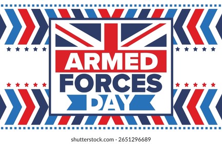 Armed Forces Day in United Kingdom. Great Britain flag. Veterans' and Memorial Day. Holiday to honoring the armed forces. British flag. Army Day. Creative art poster. Vector illustration