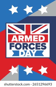 Dia das Forças Armadas no Reino Unido. Bandeira britânica. Dia dos Veteranos e Memorial. Férias para homenagear as forças armadas. Bandeira britânica. Dia do Exército. Cartaz de arte criativa. Ilustração vetorial