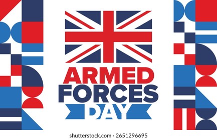 Dia das Forças Armadas no Reino Unido. Bandeira britânica. Dia dos Veteranos e Memorial. Férias para homenagear as forças armadas. Bandeira britânica. Dia do Exército. Cartaz de arte criativa. Ilustração vetorial