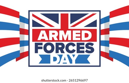 Dia das Forças Armadas no Reino Unido. Bandeira britânica. Dia dos Veteranos e Memorial. Férias para homenagear as forças armadas. Bandeira britânica. Dia do Exército. Cartaz de arte criativa. Ilustração vetorial