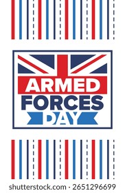Dia das Forças Armadas no Reino Unido. Bandeira britânica. Dia dos Veteranos e Memorial. Férias para homenagear as forças armadas. Bandeira britânica. Dia do Exército. Cartaz de arte criativa. Ilustração vetorial