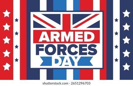 Armed Forces Day in United Kingdom. Great Britain flag. Veterans' and Memorial Day. Holiday to honoring the armed forces. British flag. Army Day. Creative art poster. Vector illustration