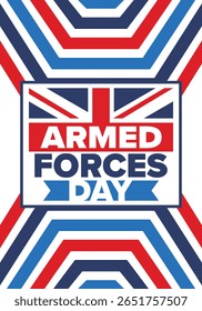 Dia das Forças Armadas no Reino Unido. Bandeira britânica. Dia dos Veteranos e Memorial. Férias para homenagear as forças armadas. Bandeira britânica. Dia do Exército. Cartaz de arte criativa. Ilustração vetorial