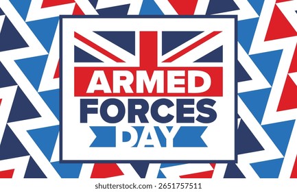 Armed Forces Day in United Kingdom. Great Britain flag. Veterans' and Memorial Day. Holiday to honoring the armed forces. British flag. Army Day. Creative art poster. Vector illustration