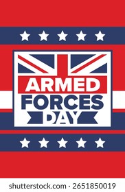 Dia das Forças Armadas no Reino Unido. Bandeira britânica. Dia dos Veteranos e Memorial. Férias para homenagear as forças armadas. Bandeira britânica. Dia do Exército. Cartaz de arte criativa. Ilustração vetorial