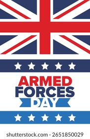 Armed Forces Day in United Kingdom. Great Britain flag. Veterans' and Memorial Day. Holiday to honoring the armed forces. British flag. Army Day. Creative art poster. Vector illustration