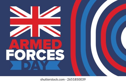 Dia das Forças Armadas no Reino Unido. Bandeira britânica. Dia dos Veteranos e Memorial. Férias para homenagear as forças armadas. Bandeira britânica. Dia do Exército. Cartaz de arte criativa. Ilustração vetorial