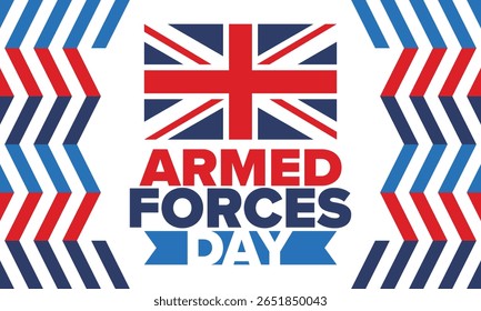 Armed Forces Day in United Kingdom. Great Britain flag. Veterans' and Memorial Day. Holiday to honoring the armed forces. British flag. Army Day. Creative art poster. Vector illustration