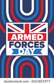Armed Forces Day in United Kingdom. Great Britain flag. Veterans' and Memorial Day. Holiday to honoring the armed forces. British flag. Army Day. Creative art poster. Vector illustration