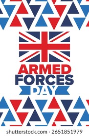 Armed Forces Day in United Kingdom. Great Britain flag. Veterans' and Memorial Day. Holiday to honoring the armed forces. British flag. Army Day. Creative art poster. Vector illustration